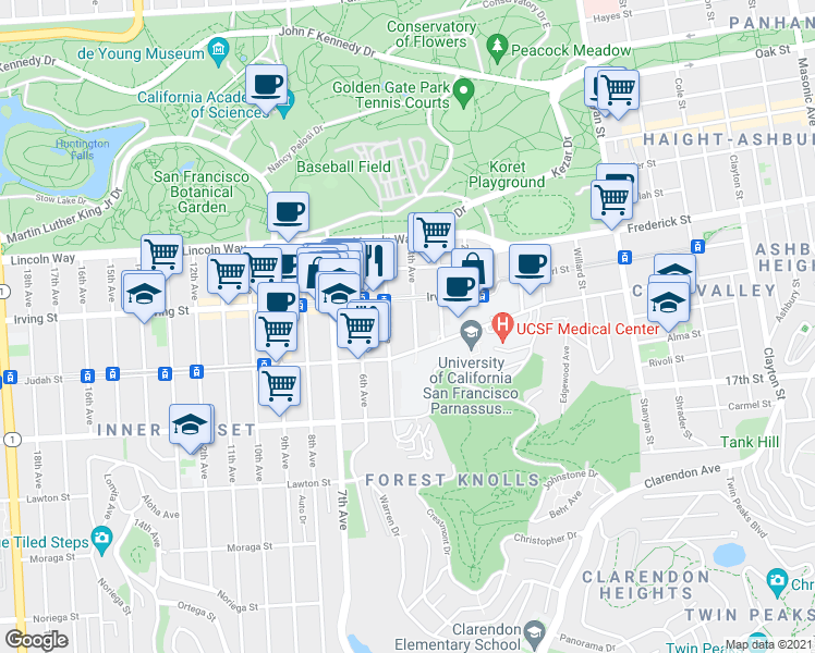 map of restaurants, bars, coffee shops, grocery stores, and more near in San Francisco