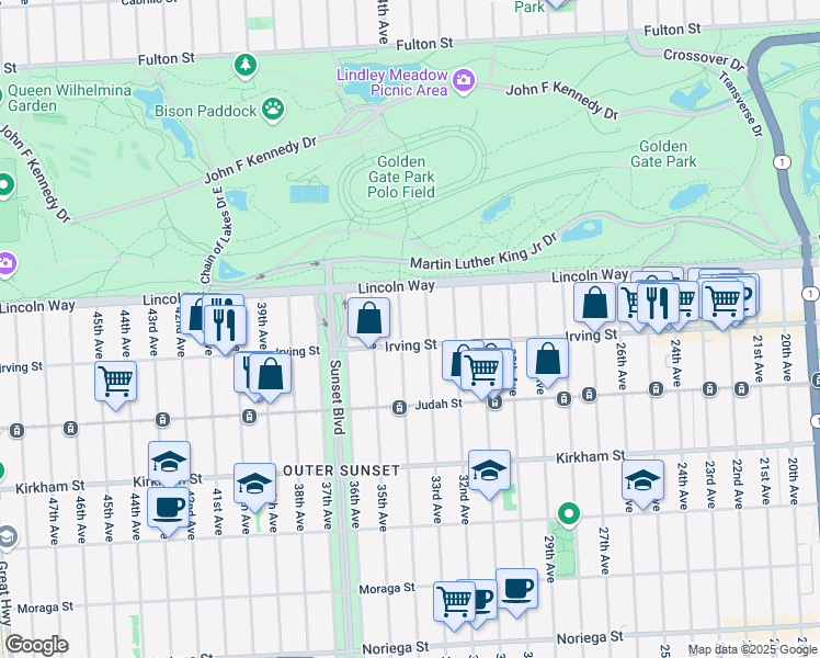 map of restaurants, bars, coffee shops, grocery stores, and more near 1238 34th Avenue in San Francisco