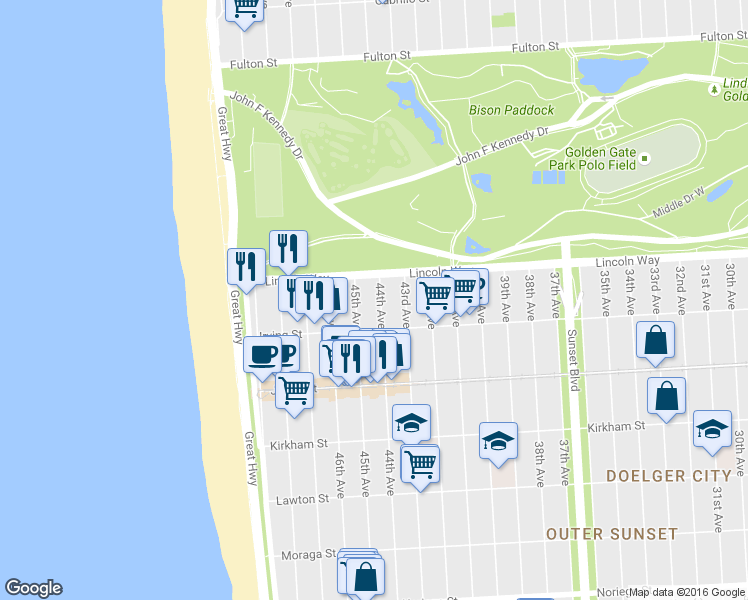 map of restaurants, bars, coffee shops, grocery stores, and more near 1206 45th Avenue in San Francisco