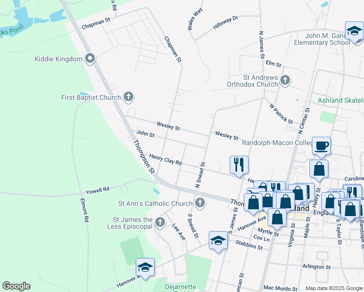 map of restaurants, bars, coffee shops, grocery stores, and more near 401 John Street in Ashland
