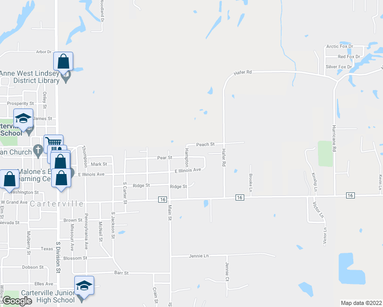 map of restaurants, bars, coffee shops, grocery stores, and more near 909 Peach Street in Carterville