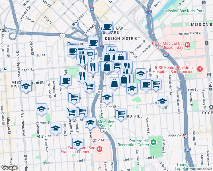 map of restaurants, bars, coffee shops, grocery stores, and more near Mariposa St & Vermont St in San Francisco