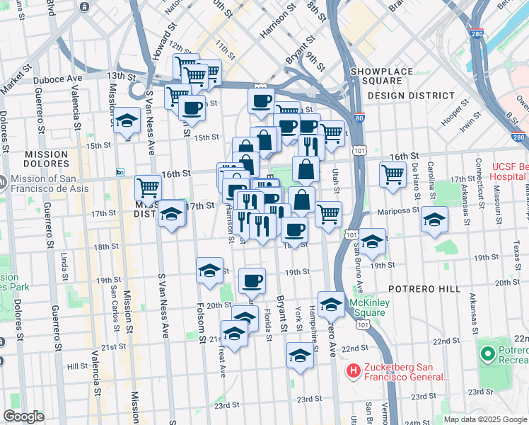 map of restaurants, bars, coffee shops, grocery stores, and more near 1890 Bryant Street in San Francisco