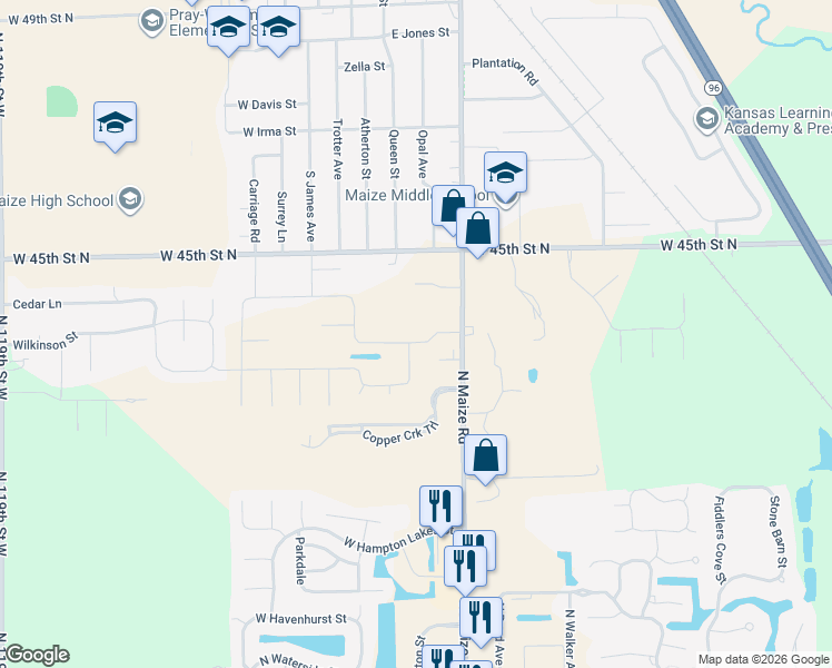 map of restaurants, bars, coffee shops, grocery stores, and more near 4551 N Maize Rd in Maize