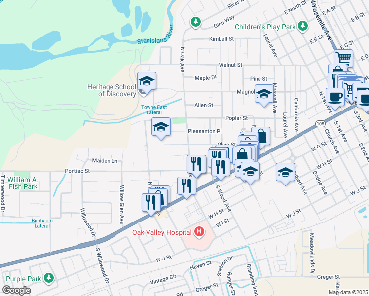 map of restaurants, bars, coffee shops, grocery stores, and more near 120 North Oak Avenue in Oakdale