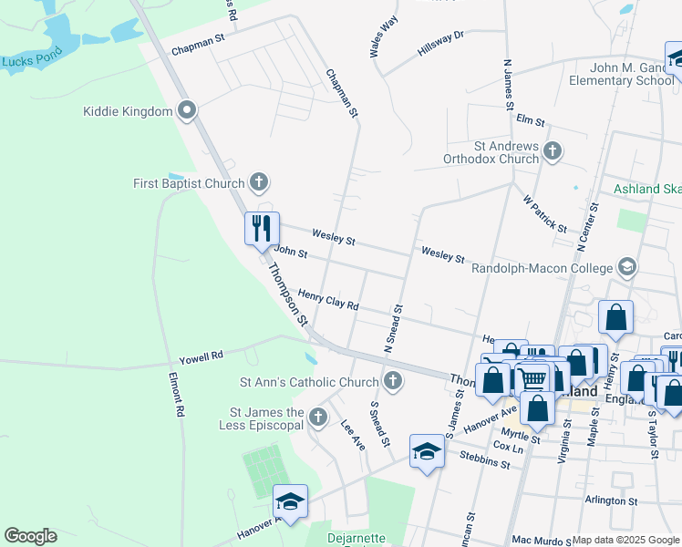 map of restaurants, bars, coffee shops, grocery stores, and more near 405 John Street in Ashland