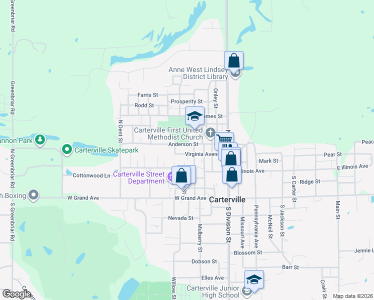 map of restaurants, bars, coffee shops, grocery stores, and more near 300-498 Anderson Street in Carterville