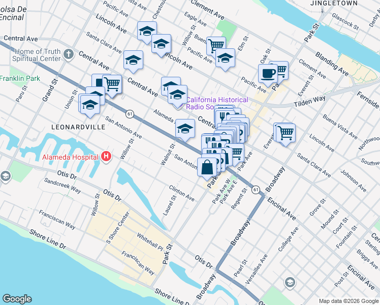 map of restaurants, bars, coffee shops, grocery stores, and more near 2234 Encinal Avenue in Alameda