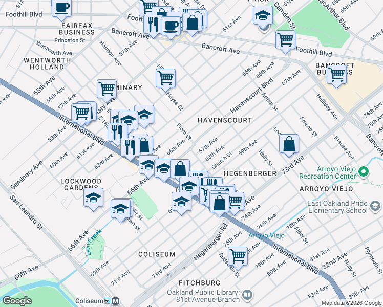 map of restaurants, bars, coffee shops, grocery stores, and more near 1550 Havenscourt Boulevard in Oakland