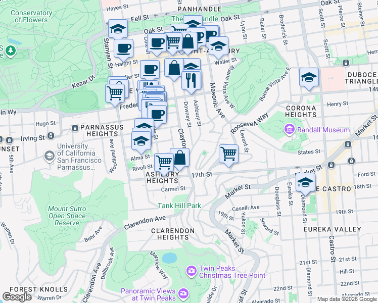 map of restaurants, bars, coffee shops, grocery stores, and more near 1035 Ashbury Street in San Francisco
