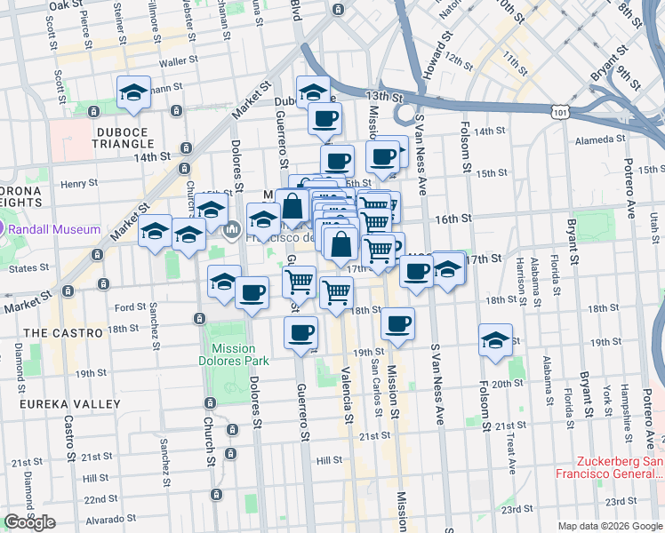 map of restaurants, bars, coffee shops, grocery stores, and more near 594 Valencia Street in San Francisco