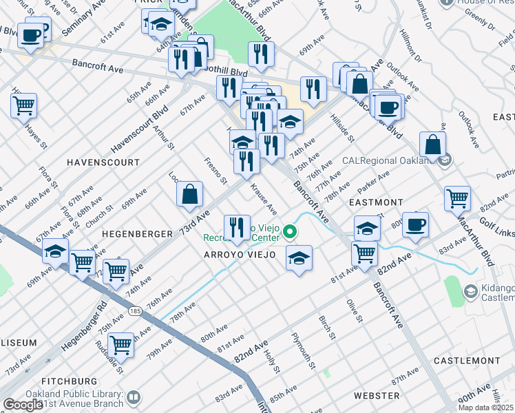 map of restaurants, bars, coffee shops, grocery stores, and more near 2315 Legion Avenue in Oakland