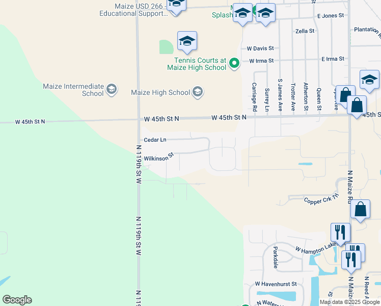 map of restaurants, bars, coffee shops, grocery stores, and more near Wilkinson Street in Maize