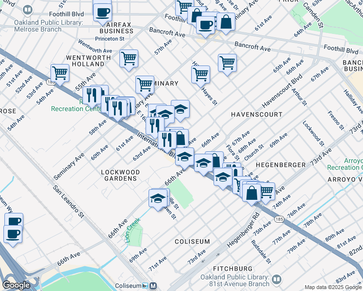 map of restaurants, bars, coffee shops, grocery stores, and more near 1427 65th Avenue in Oakland