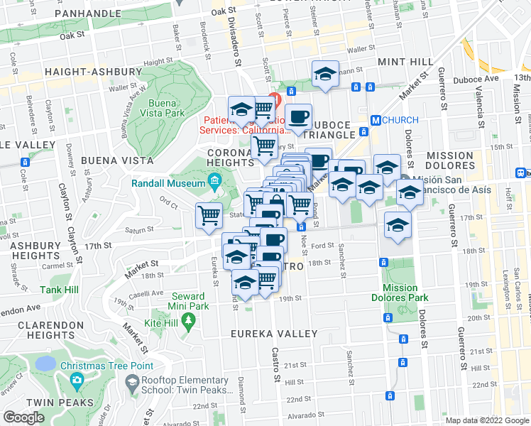map of restaurants, bars, coffee shops, grocery stores, and more near Castro St & States St in San Francisco