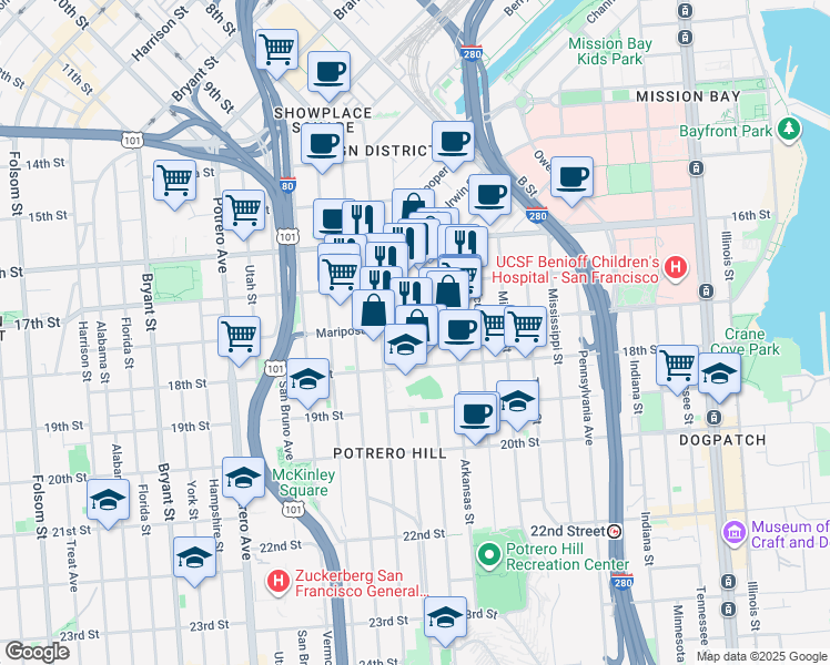 map of restaurants, bars, coffee shops, grocery stores, and more near 1601 Mariposa Street in San Francisco