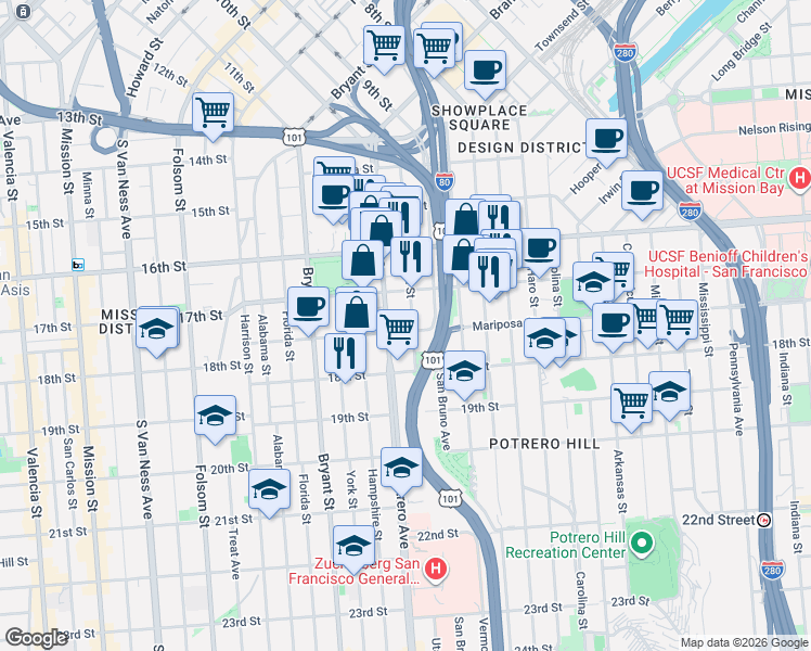 map of restaurants, bars, coffee shops, grocery stores, and more near 439 Utah Street in San Francisco