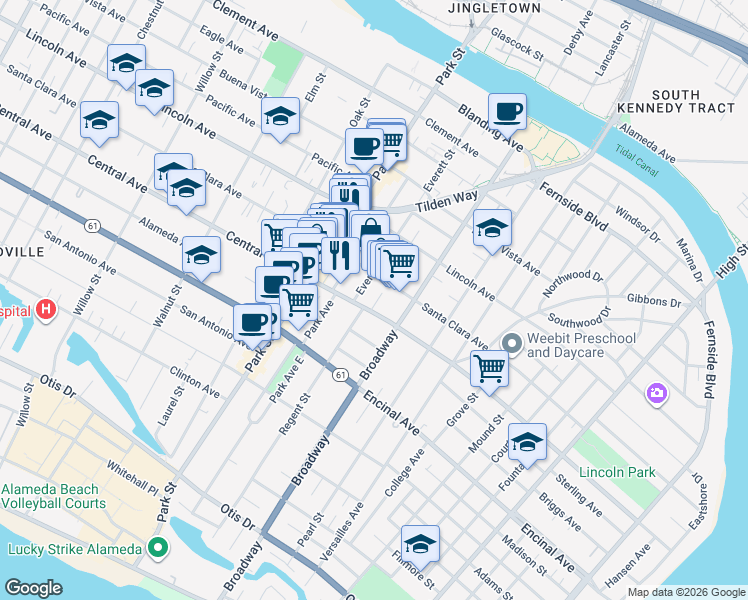 map of restaurants, bars, coffee shops, grocery stores, and more near 2515 Central Avenue in Alameda