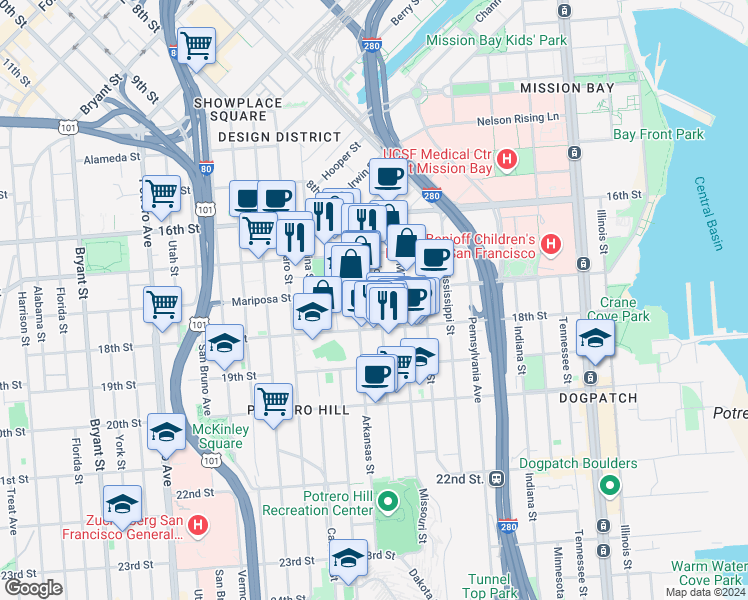 map of restaurants, bars, coffee shops, grocery stores, and more near 216 Connecticut Street in San Francisco