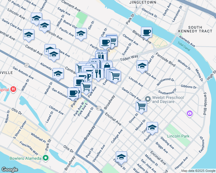 map of restaurants, bars, coffee shops, grocery stores, and more near in Alameda