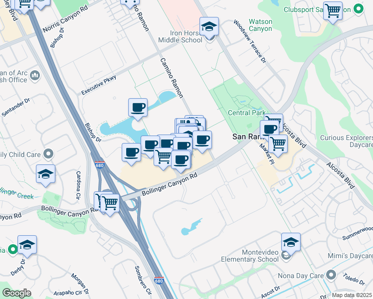 map of restaurants, bars, coffee shops, grocery stores, and more near 2678 Bishop Drive in San Ramon