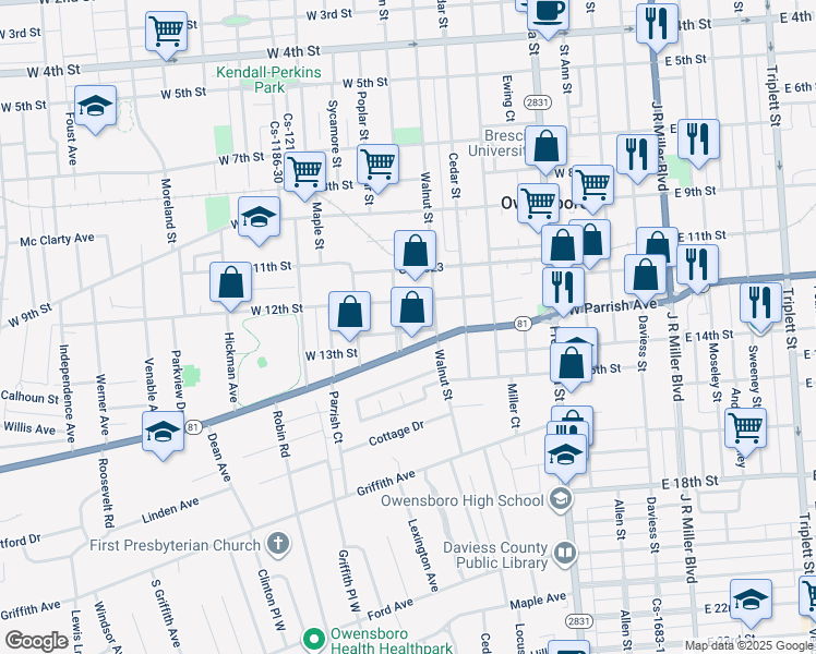 map of restaurants, bars, coffee shops, grocery stores, and more near 730 West 12th Street in Owensboro