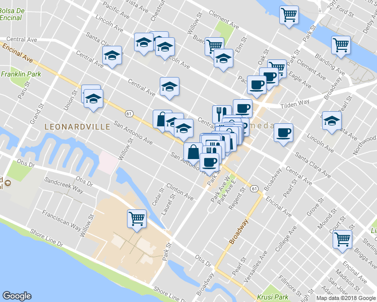map of restaurants, bars, coffee shops, grocery stores, and more near 2234 Encinal Avenue in Alameda
