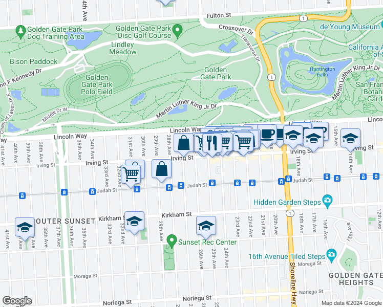 map of restaurants, bars, coffee shops, grocery stores, and more near 2550 Irving Street in San Francisco