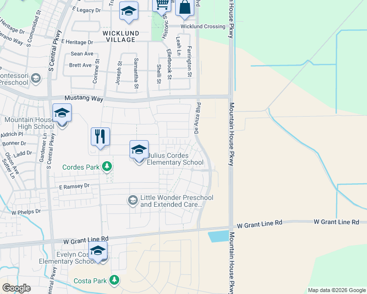 map of restaurants, bars, coffee shops, grocery stores, and more near 525 East Fuschia Way in Tracy