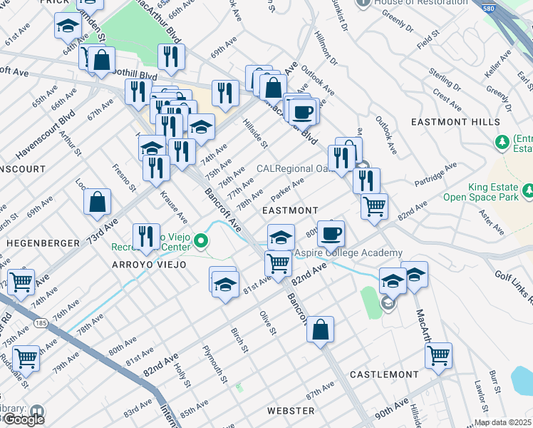 map of restaurants, bars, coffee shops, grocery stores, and more near 2611 Parker Avenue in Oakland