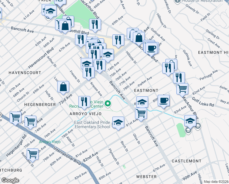 map of restaurants, bars, coffee shops, grocery stores, and more near in Oakland