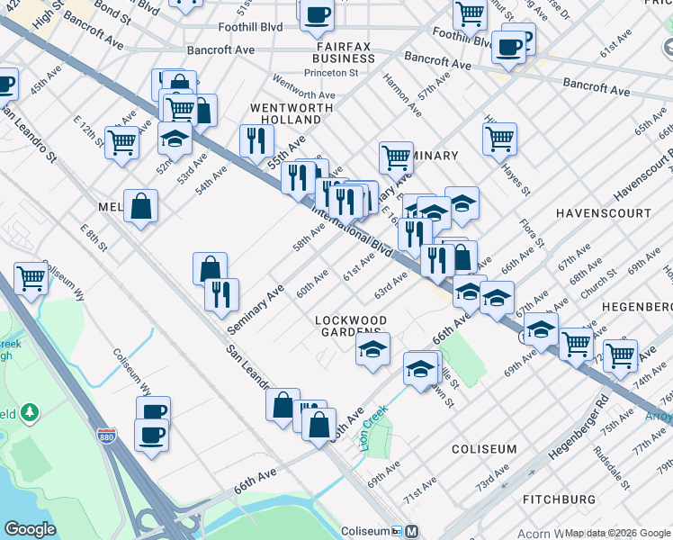 map of restaurants, bars, coffee shops, grocery stores, and more near 1314 Seminary Avenue in Oakland