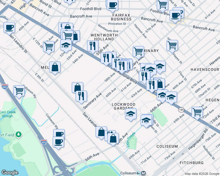 map of restaurants, bars, coffee shops, grocery stores, and more near 1262 58th Avenue in Oakland