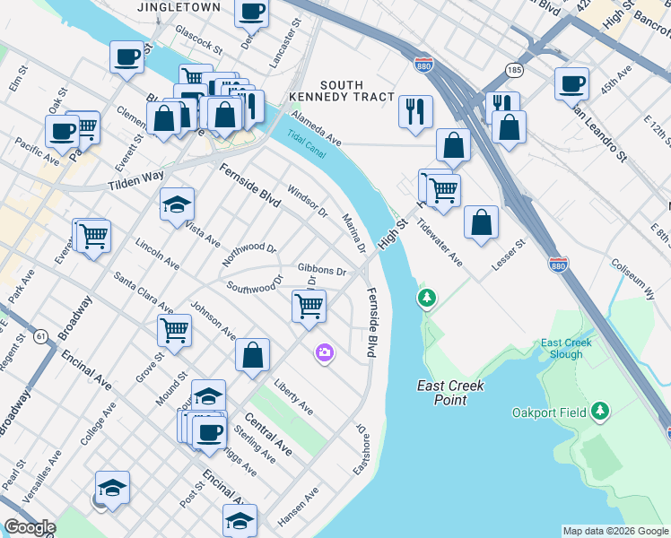 map of restaurants, bars, coffee shops, grocery stores, and more near 3104 Fernside Boulevard in Alameda