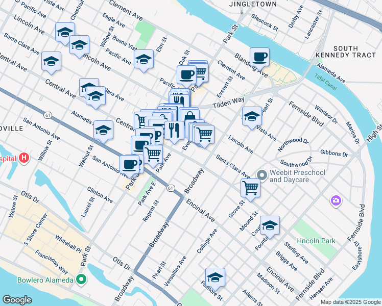 map of restaurants, bars, coffee shops, grocery stores, and more near 2514 Santa Clara Avenue in Alameda