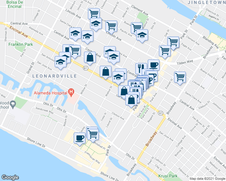 map of restaurants, bars, coffee shops, grocery stores, and more near 1117 Walnut Street in Alameda