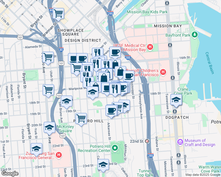 map of restaurants, bars, coffee shops, grocery stores, and more near in San Francisco