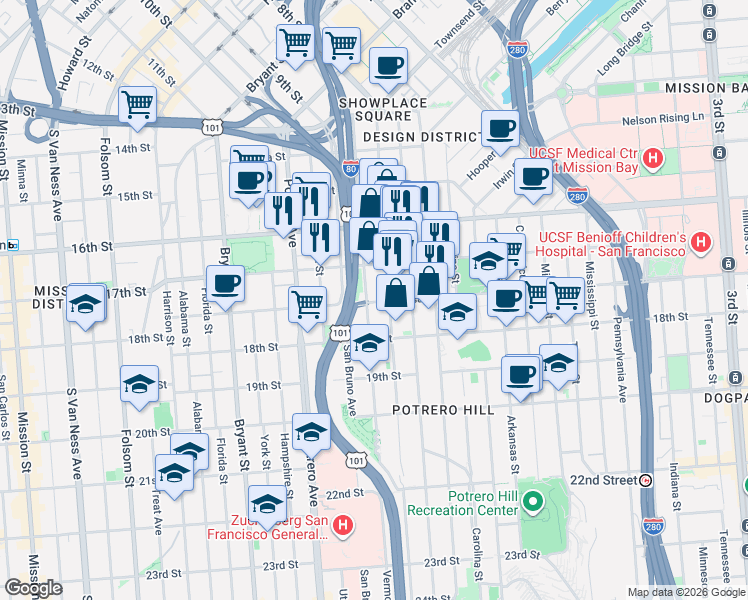 map of restaurants, bars, coffee shops, grocery stores, and more near Vermont Street in San Francisco