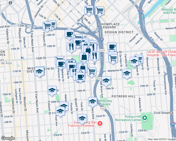 map of restaurants, bars, coffee shops, grocery stores, and more near 444 Potrero Avenue in San Francisco