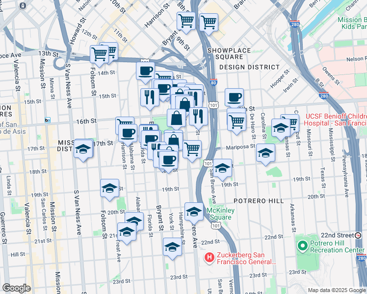 map of restaurants, bars, coffee shops, grocery stores, and more near 444 Potrero Avenue in San Francisco