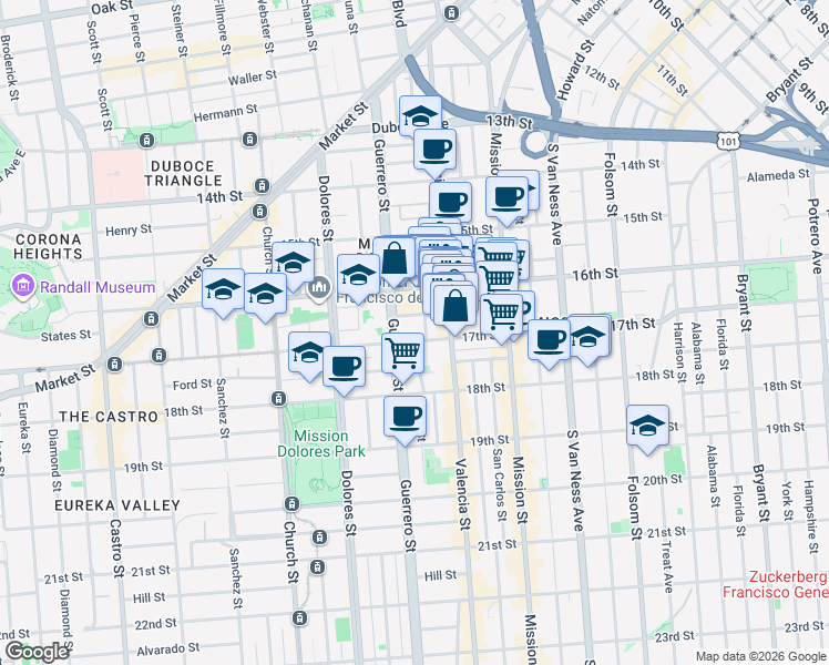 map of restaurants, bars, coffee shops, grocery stores, and more near 151 Albion Street in San Francisco