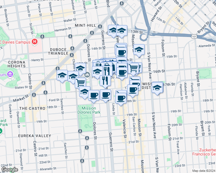 map of restaurants, bars, coffee shops, grocery stores, and more near 60 Camp Street in San Francisco