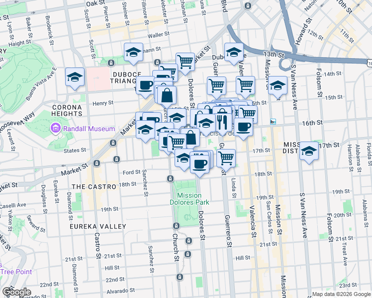 map of restaurants, bars, coffee shops, grocery stores, and more near in San Francisco