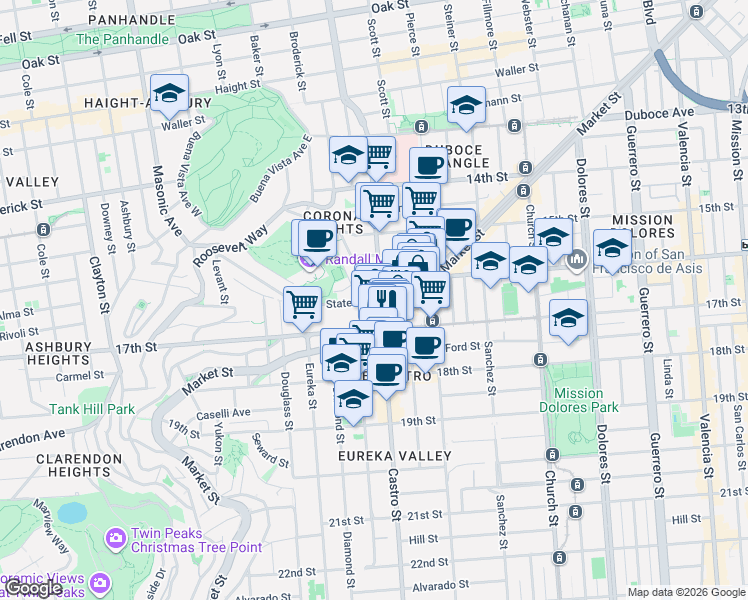 map of restaurants, bars, coffee shops, grocery stores, and more near 3721 16th Street in San Francisco