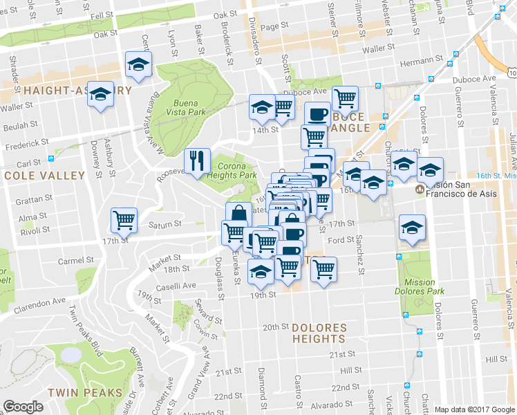 map of restaurants, bars, coffee shops, grocery stores, and more near 3810-3814 16th Street in San Francisco