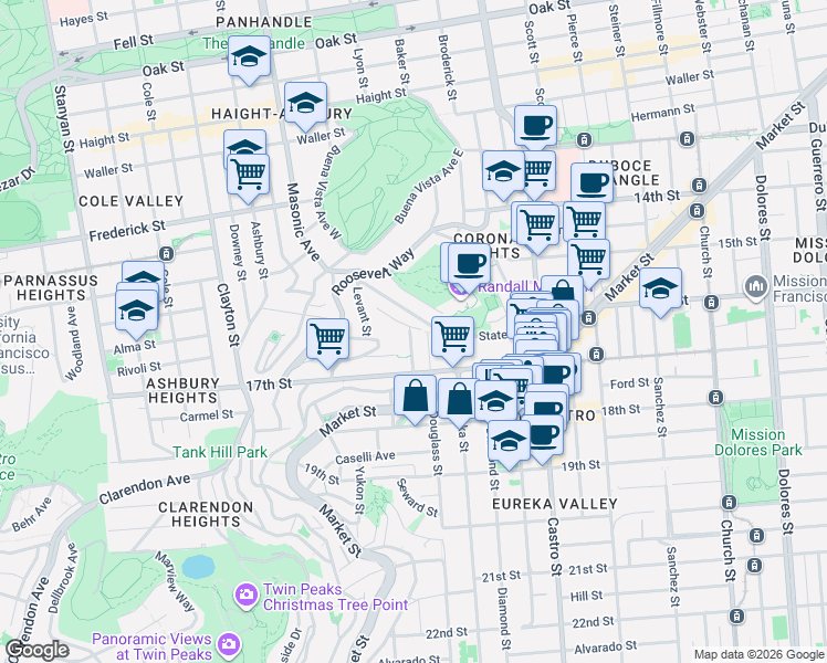 map of restaurants, bars, coffee shops, grocery stores, and more near 233 States Street in San Francisco