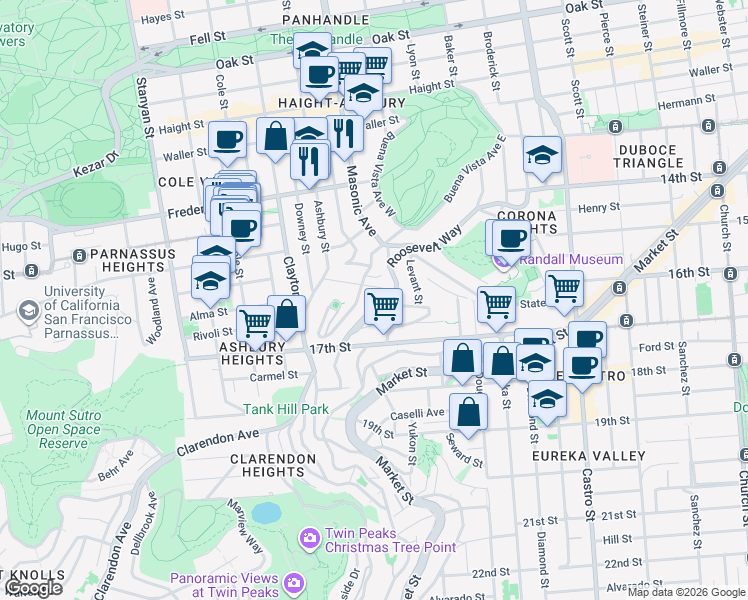 map of restaurants, bars, coffee shops, grocery stores, and more near 32 Clifford Terrace in San Francisco