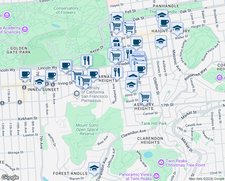 map of restaurants, bars, coffee shops, grocery stores, and more near in San Francisco