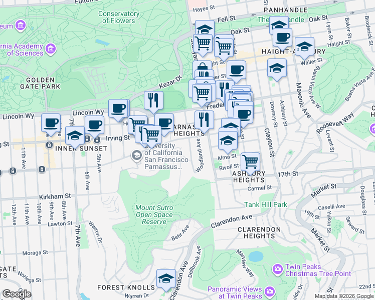 map of restaurants, bars, coffee shops, grocery stores, and more near 1412 Willard Street in San Francisco