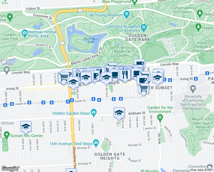 map of restaurants, bars, coffee shops, grocery stores, and more near 1300 Irving Street in San Francisco